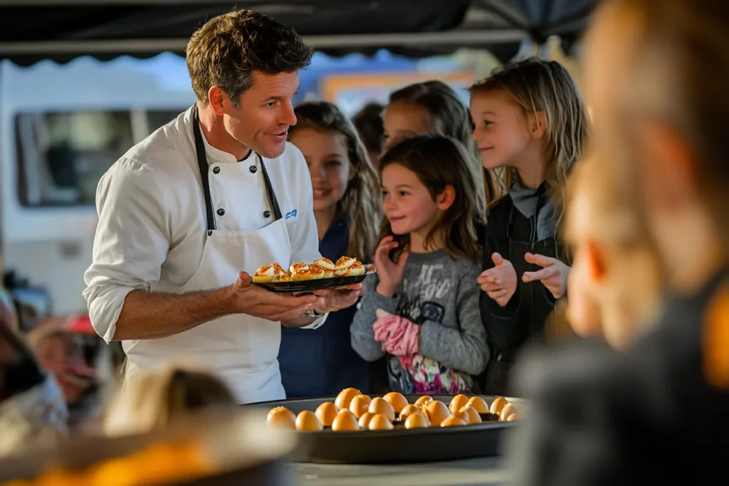 Chef showing kids how to make deviled eggs at fair demo