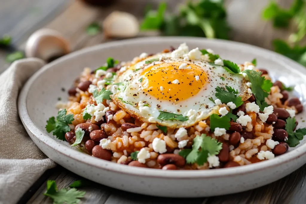 plated beans and rice with fried egg