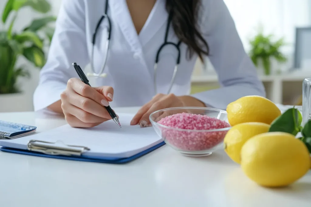 “Nutritionist writing down a pink salt diet plan”