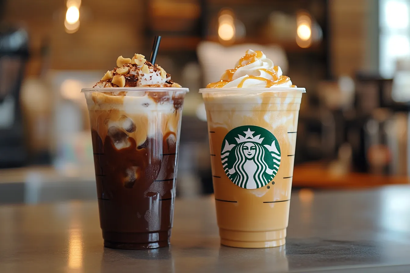 Nutella Cold Brew and Butterbeer Latte side-by-side on a countertop