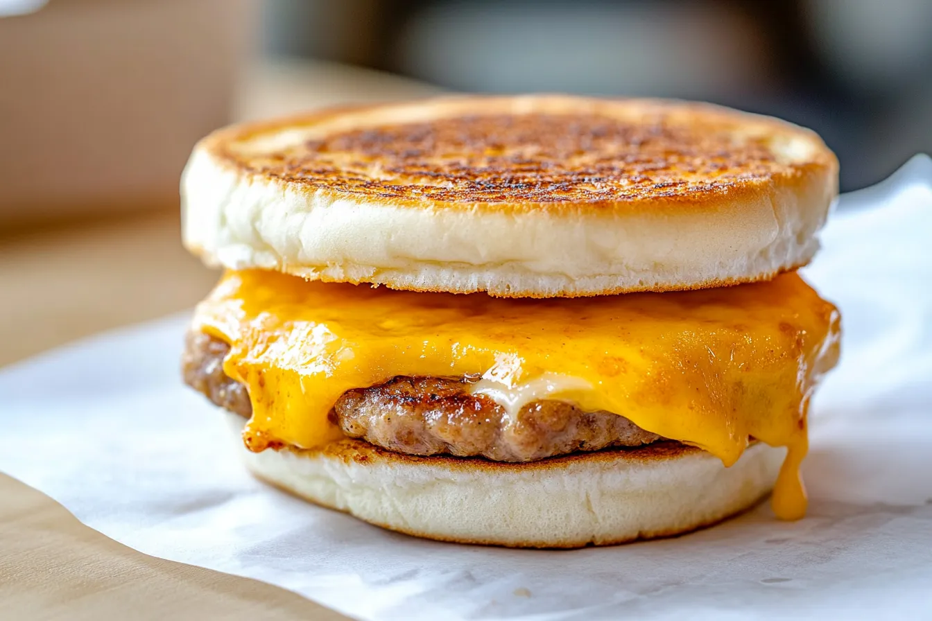 Spicy McMuffin sandwich with melted cheese on English muffin
