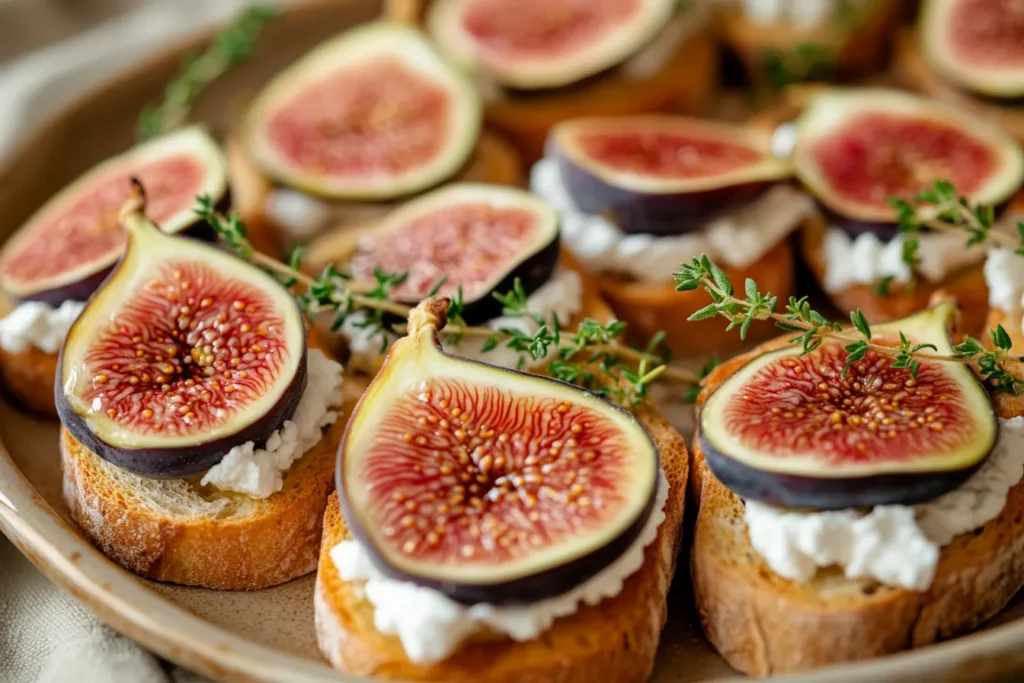 Fig and goat cheese crostini appetizers on a platter