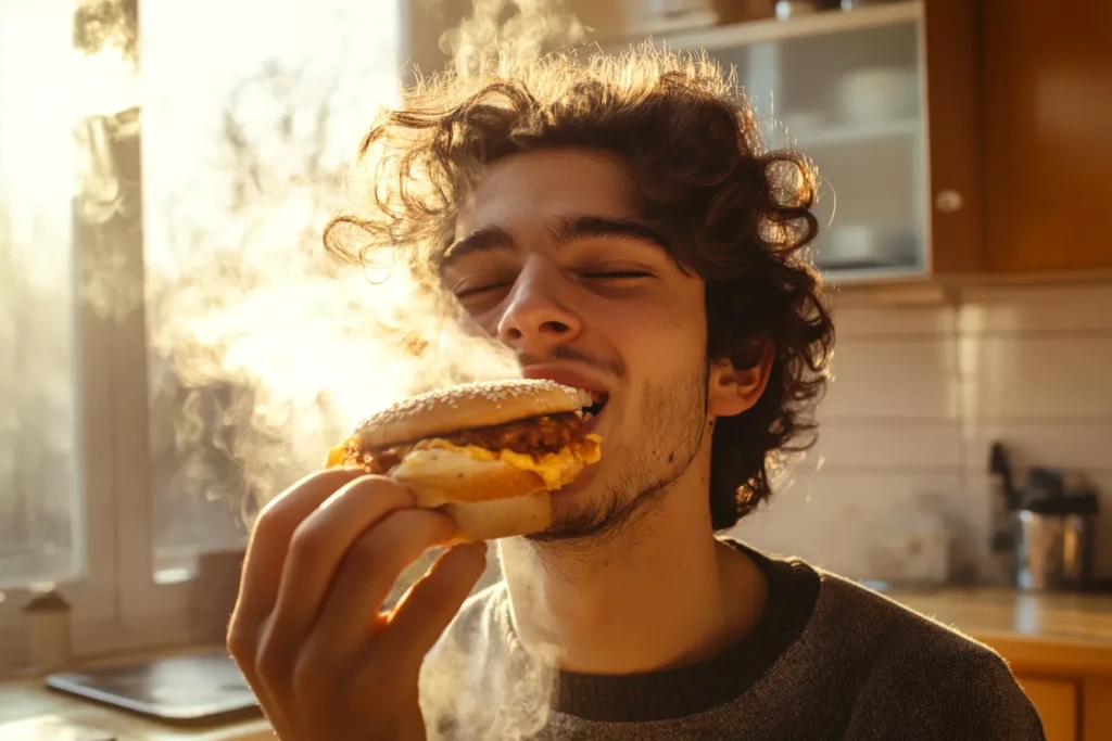 Person reacting to the first bite of a spicy breakfast sandwich
