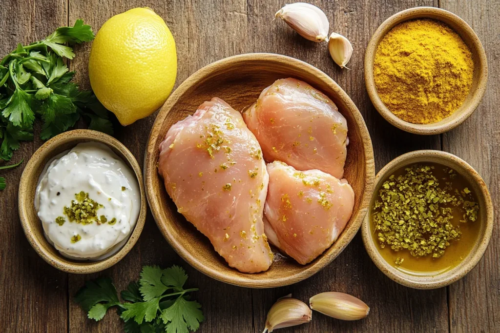 Variety of marinades in bowls next to raw chicken breast