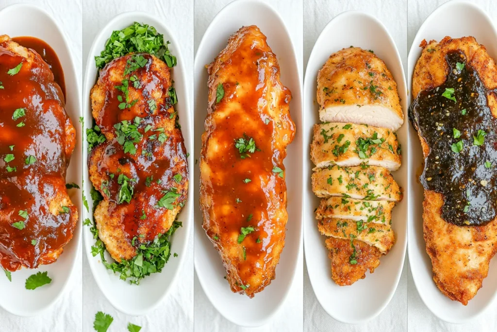 Collage of BBQ, buffalo, teriyaki, lemon herb, and creamy garlic chicken tenders