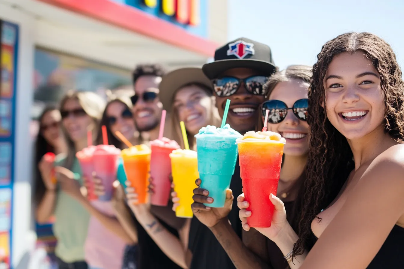A group of people holding free Slurpees outside a 7-Eleven store on July 11.