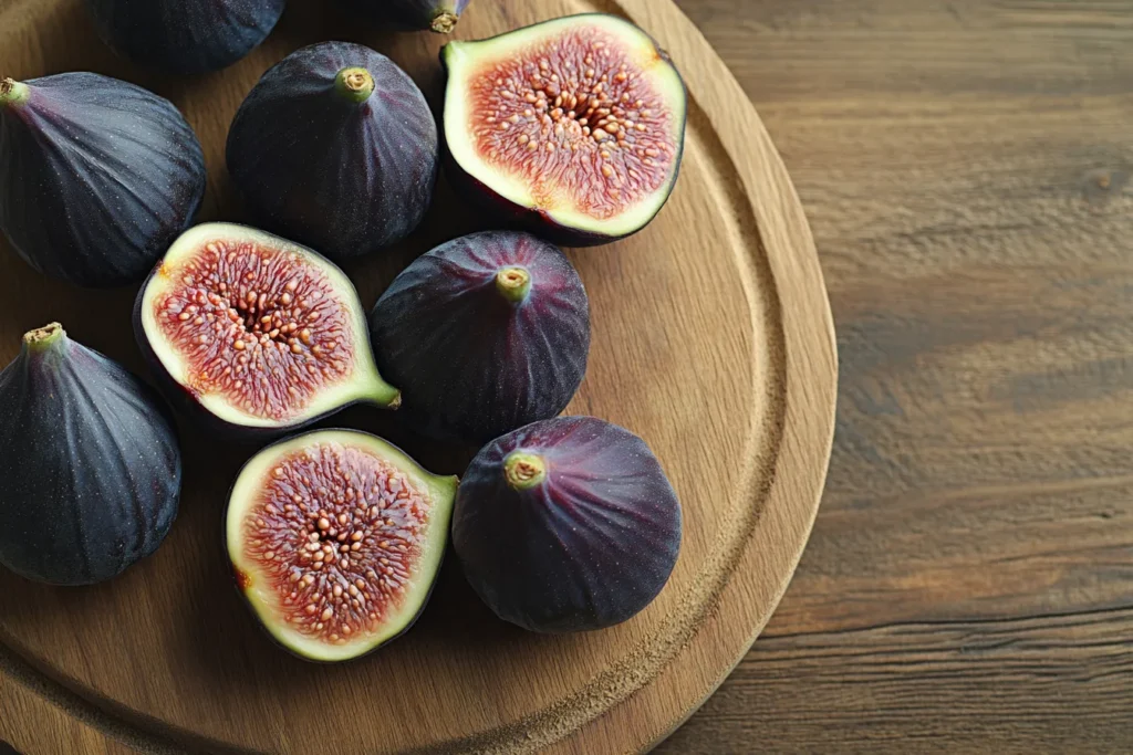 Fresh Black Mission figs on a rustic board