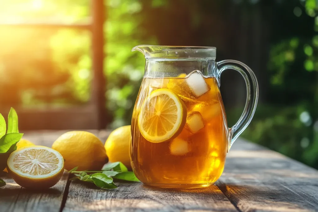 Cold brew iced tea in a glass pitcher