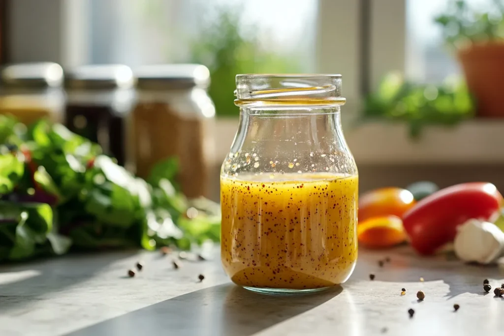 White balsamic dressing in a glass jar on a kitchen counter
