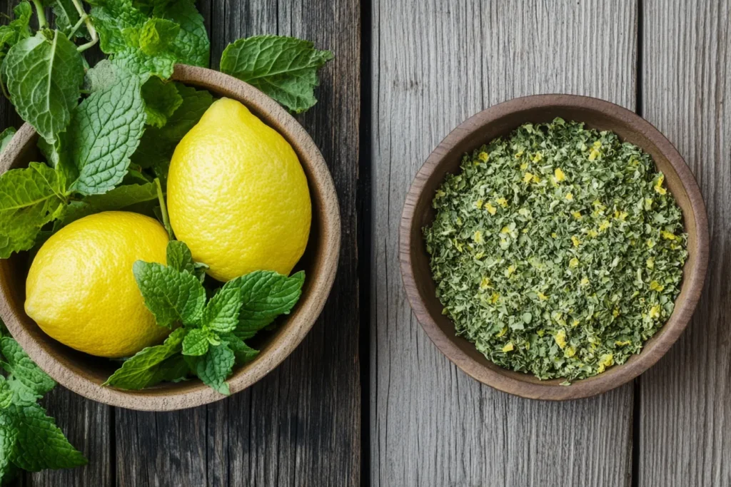 Dried and fresh lemon balm in bowls