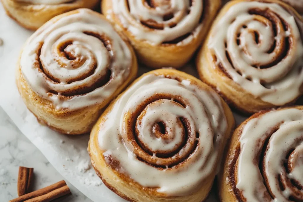 Spreading frosting on hot cinnamon rolls with a spatula