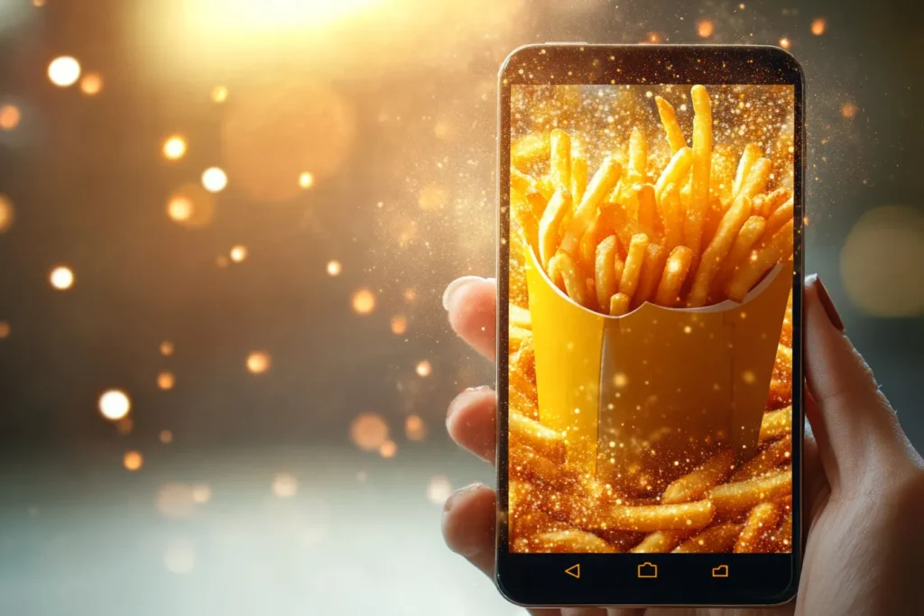 Smartphone showing fast-food app offering free fries deals