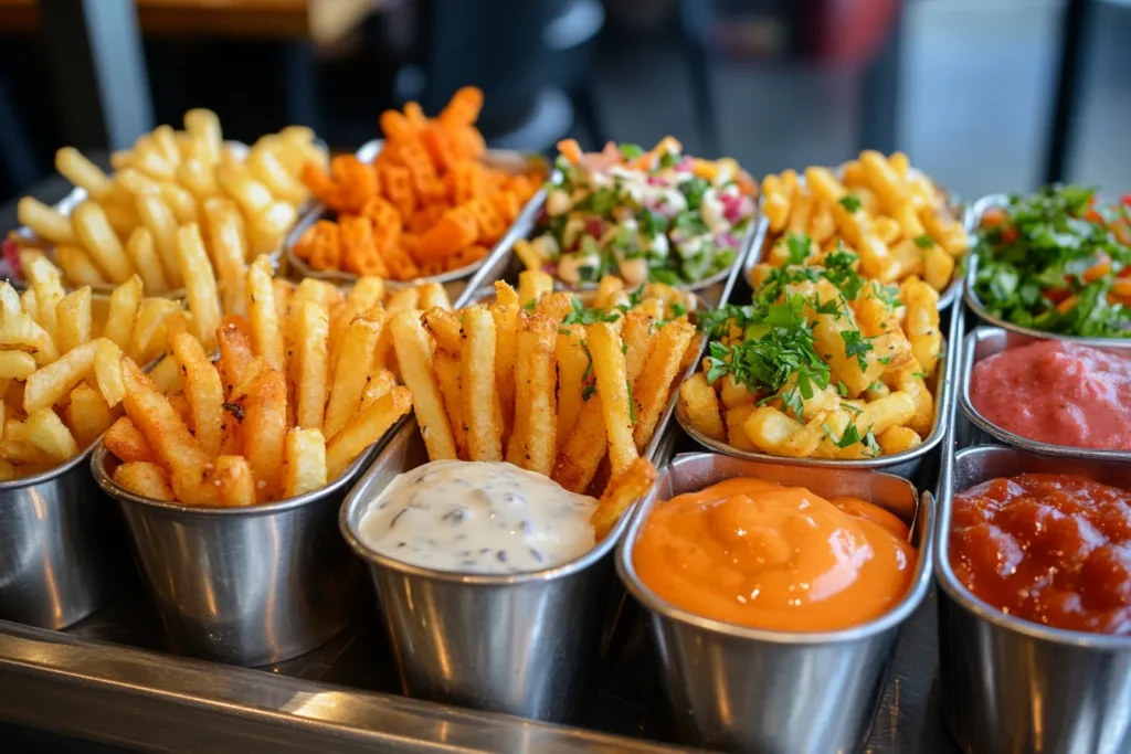 Waffle, curly, and sweet potato fries in a sampler tray