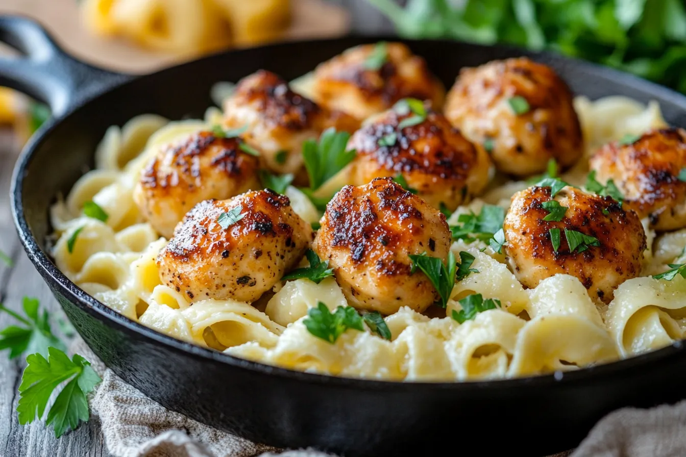 Garlic butter chicken bites with creamy parmesan pasta served in a skillet