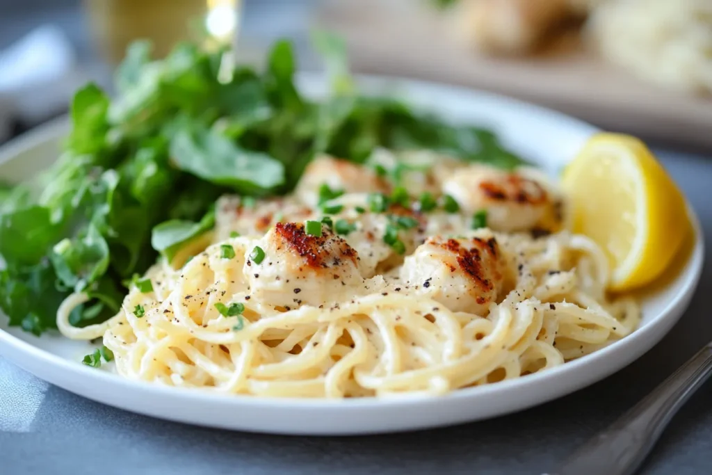 Garlic butter chicken bites with creamy pasta served with salad