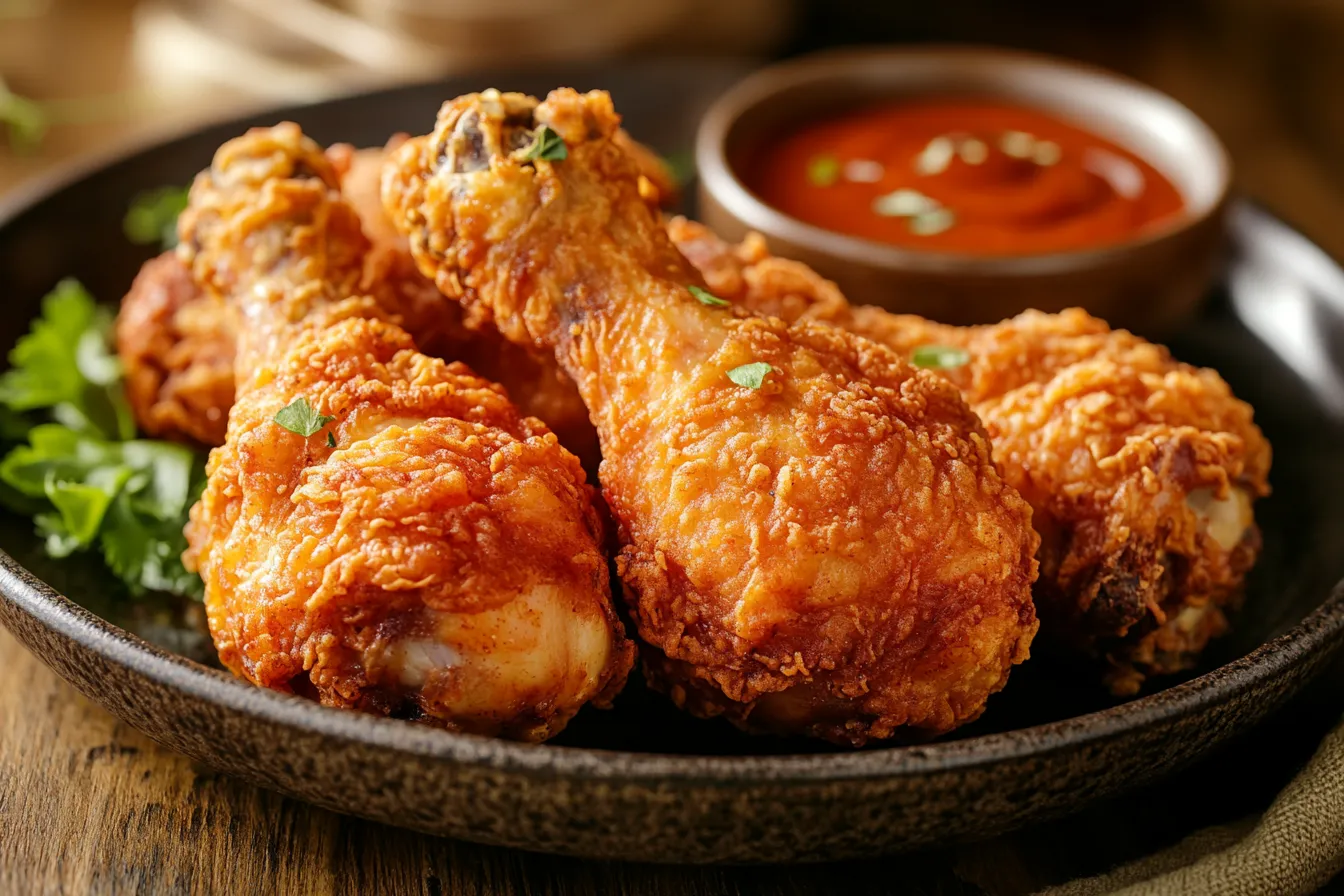 “Crispy golden fried chicken served on a plate”
