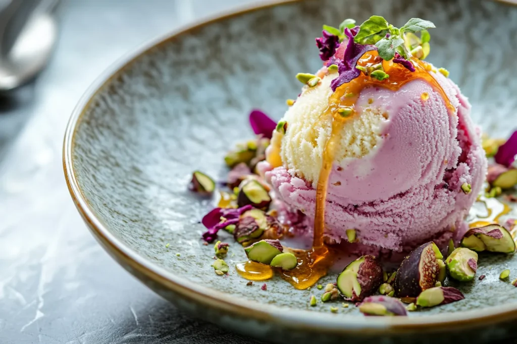 Fig ice cream served with honey drizzle and pistachios