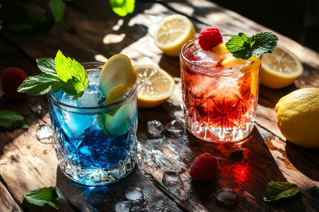 Ingredients for Grateful Dead drink on a wooden counter