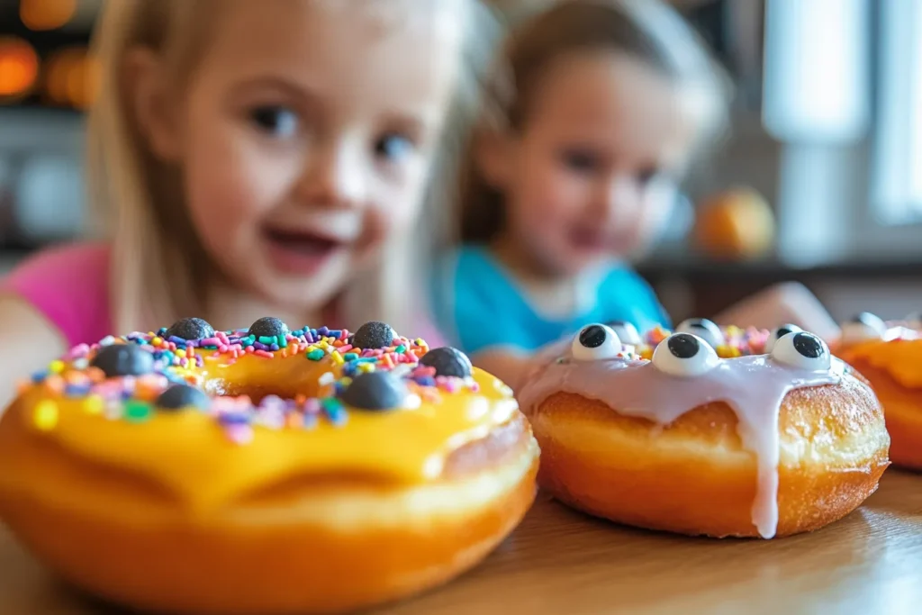 Kids decorating donuts with colorful Halloween toppings