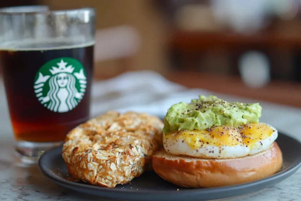 Starbucks egg bites and avocado bagel with coffee