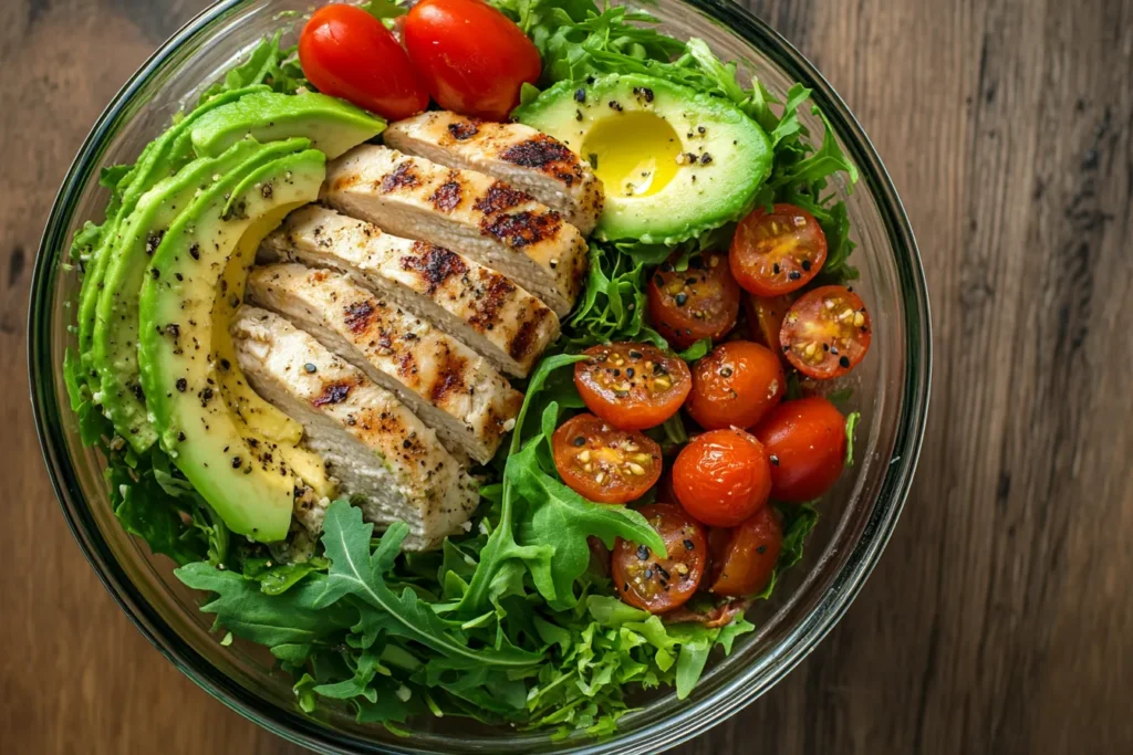 Chicken salad bowl with sliced breast and colorful veggies