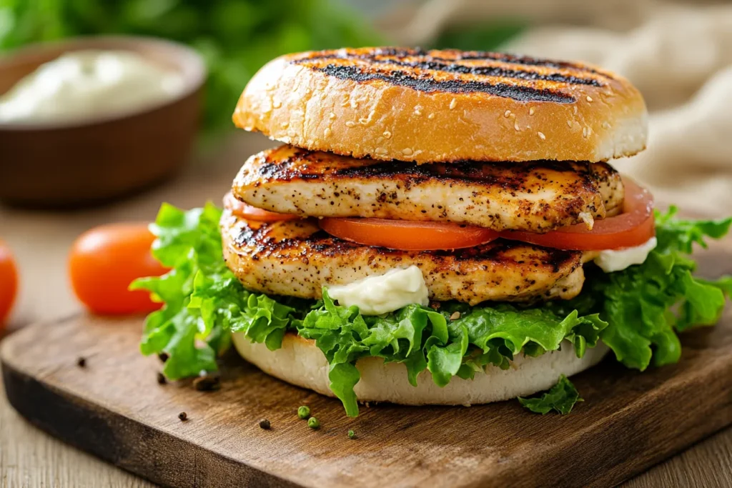 “Grilled chicken sandwich with fresh vegetables on a wheat bun”
