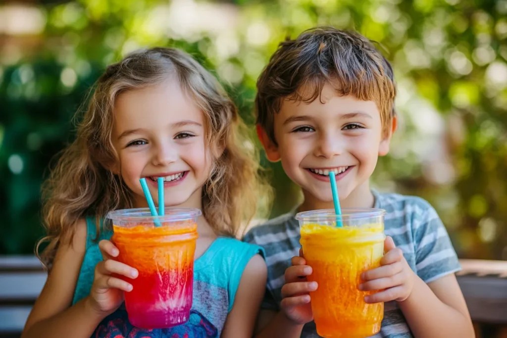 Children enjoying homemade slushies outdoors