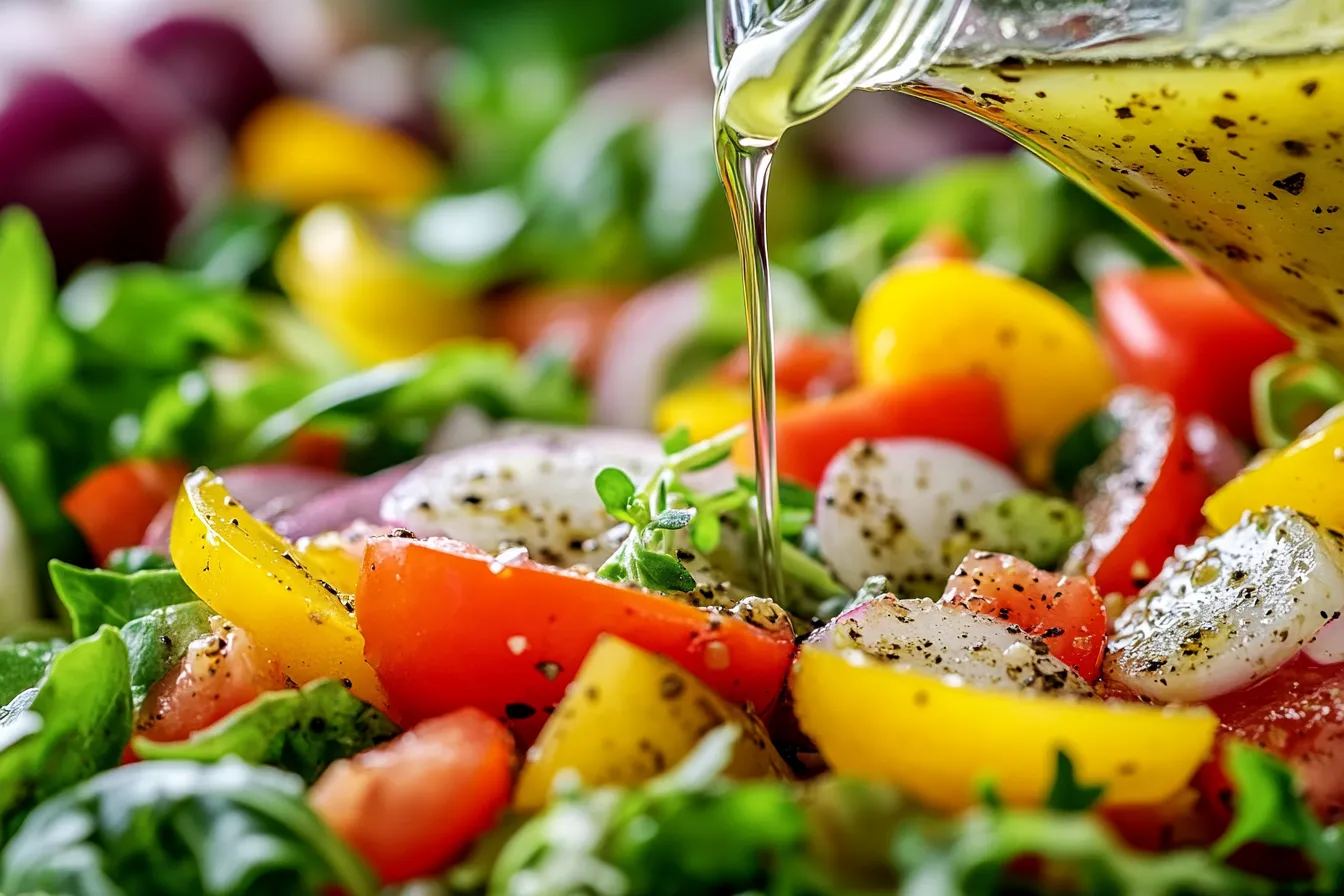 White balsamic dressing being poured on a salad