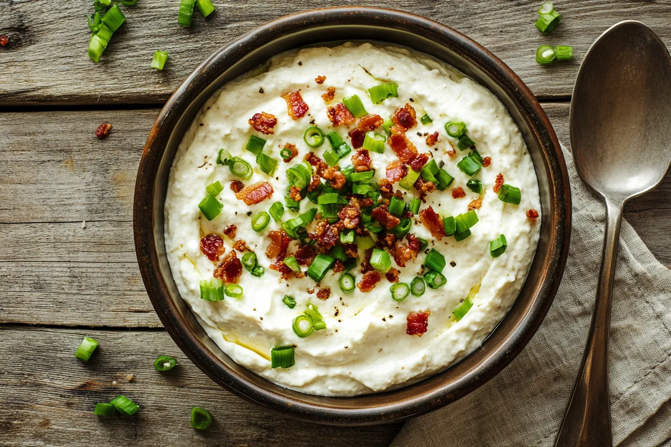 Bowl of bacon scallion cream cheese on a rustic wood board with a spoon