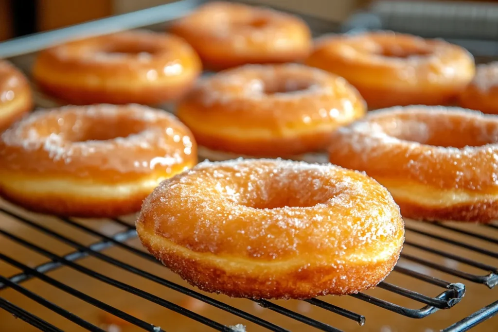 Freshly fried Bismarck donuts cooling on a rack