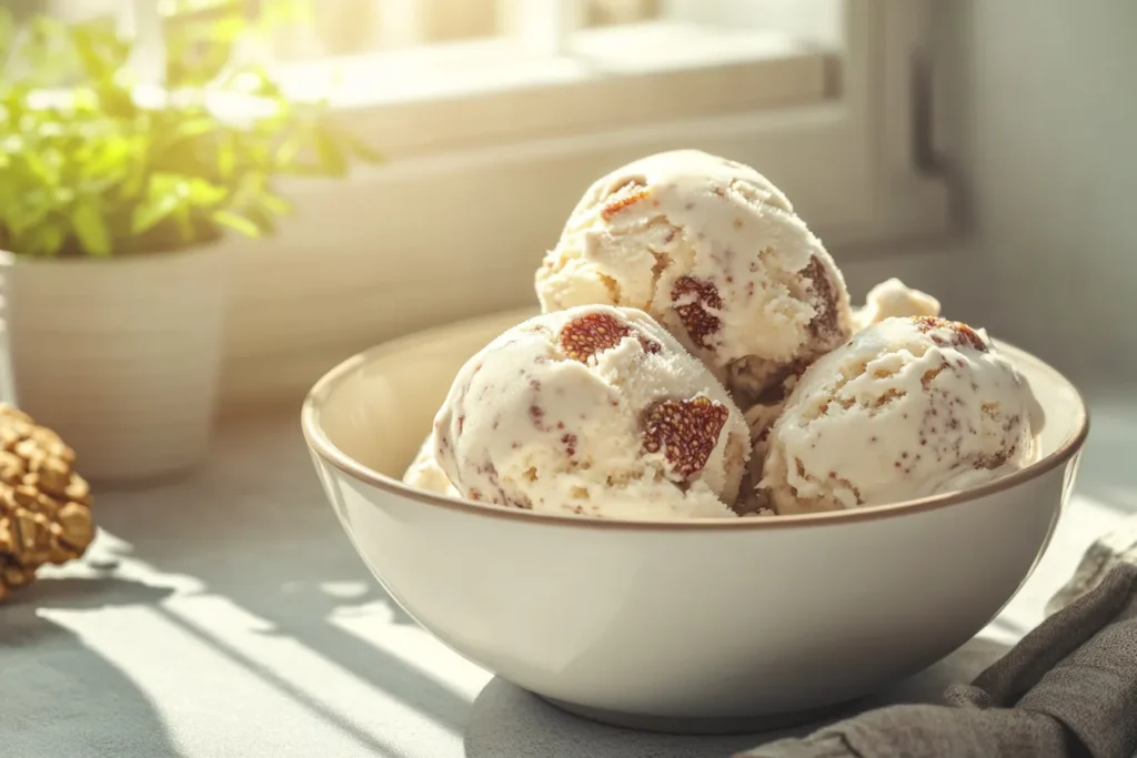 Bowl of fig ice cream with oatmeal cookie
