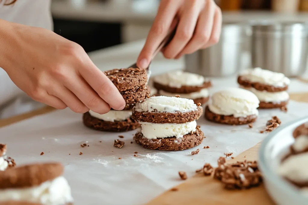 homemade gluten free ice cream sandwiches being assembled