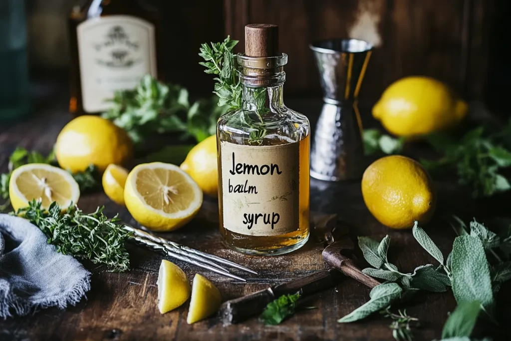 Lemon balm syrup in a bottle with fresh herbs beside