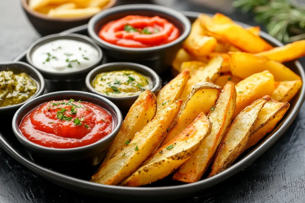Homemade oven-baked fries served with dipping sauces