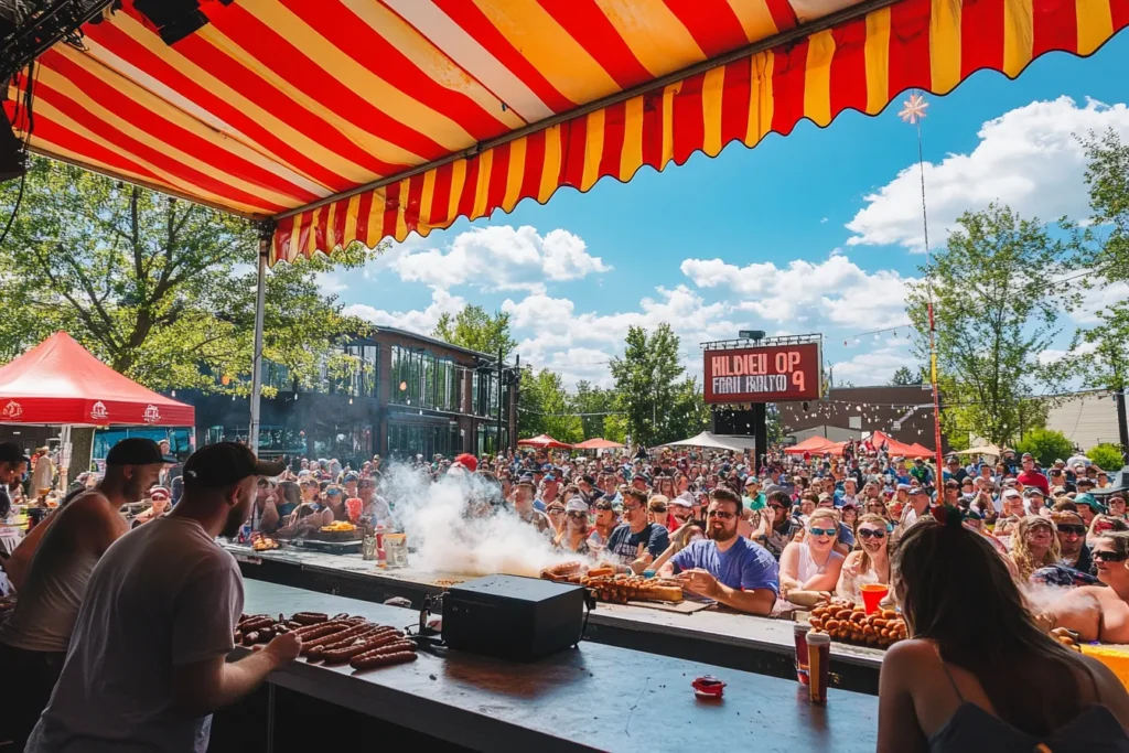 Contestants racing to eat hot dogs on stage