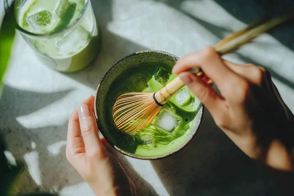 Step-by-step matcha iced latte preparation