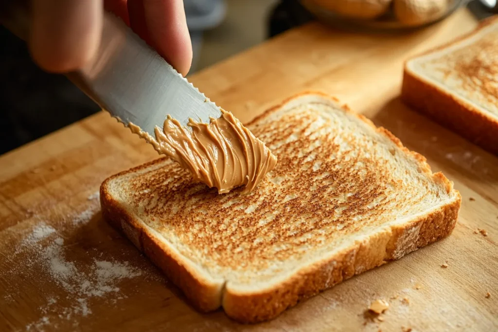 Peanut butter sandwich being made step-by-step