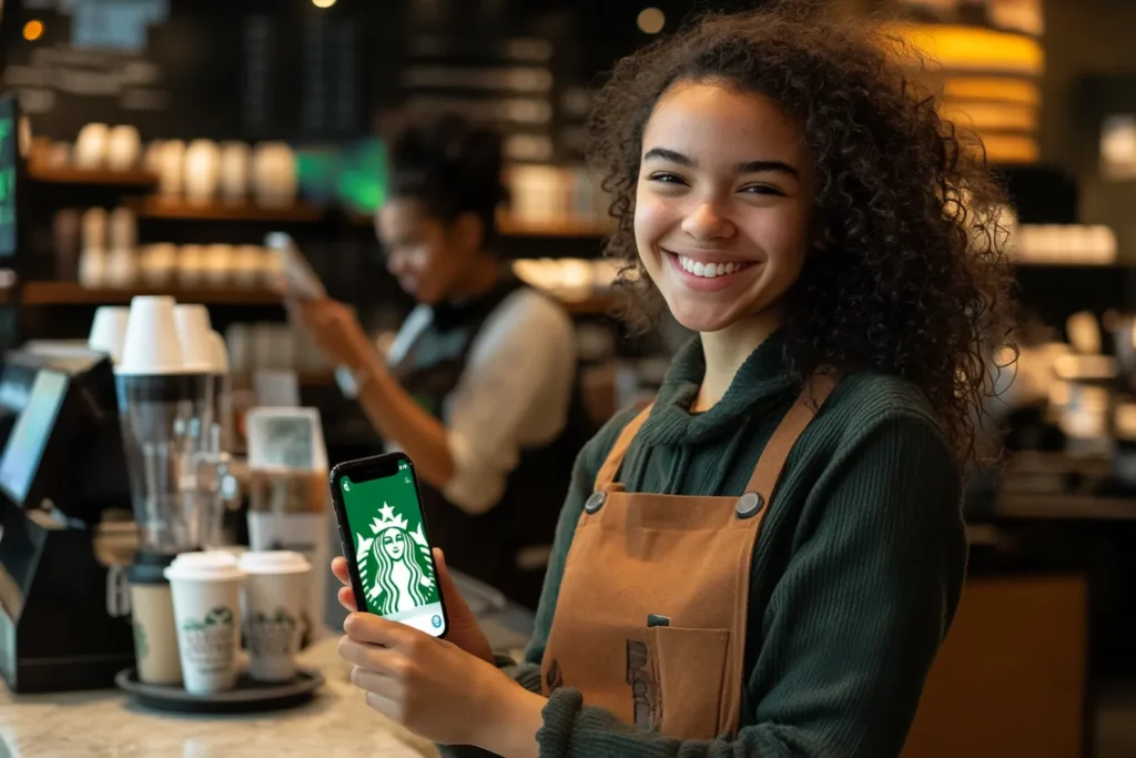 A smiling customer showing a Starbucks app order on their phone