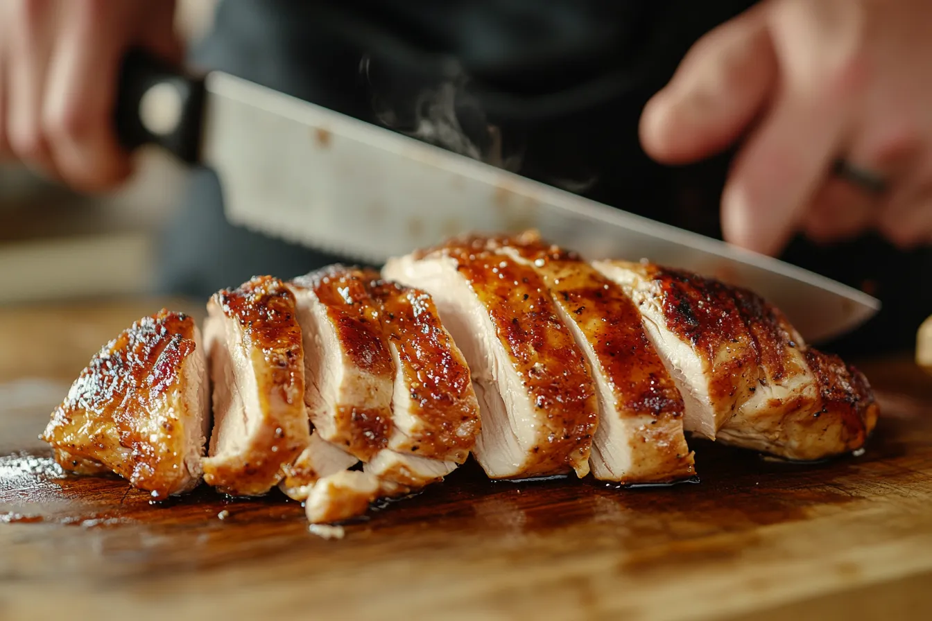 Slicing a smoked chicken breast