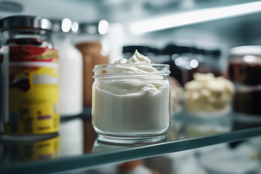 Icing stored in an airtight glass jar in fridge