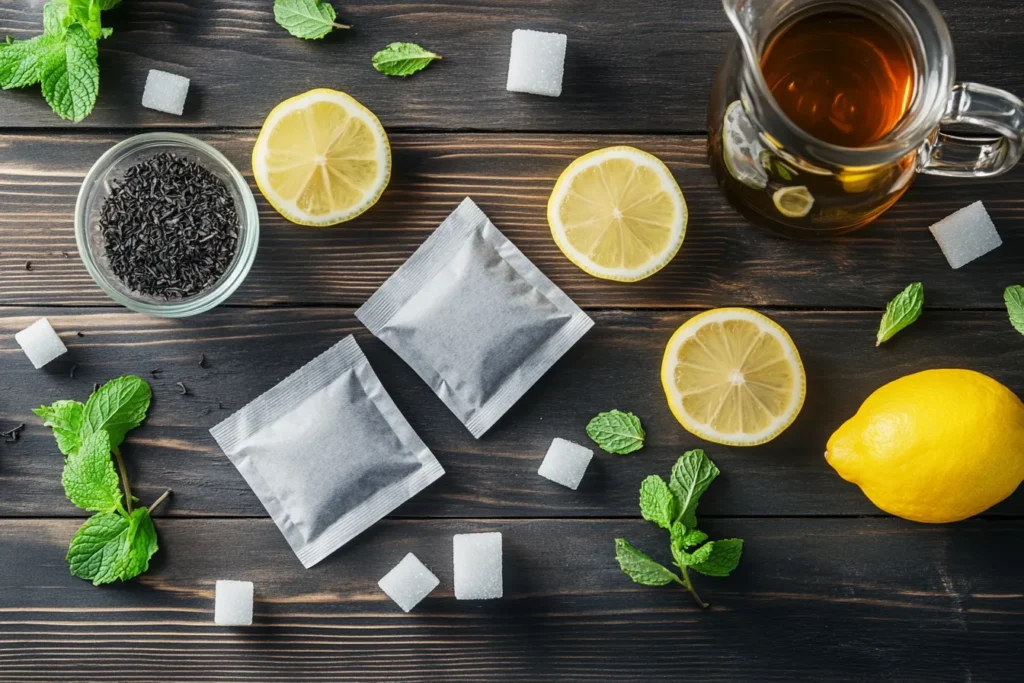 “Ingredients for iced tea on a wooden table”