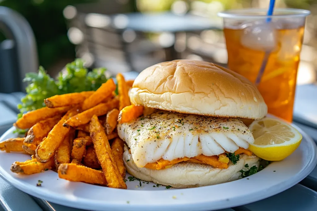 Grouper sandwich with sweet potato fries and iced tea