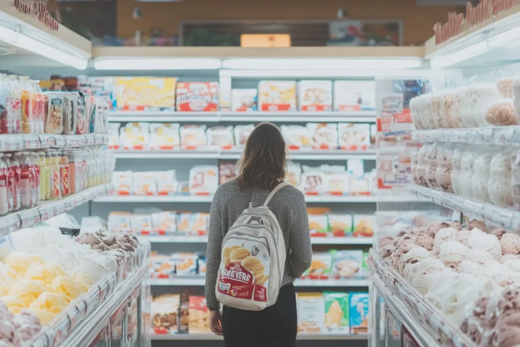 Ice cream aisle in a grocery store with sale signs