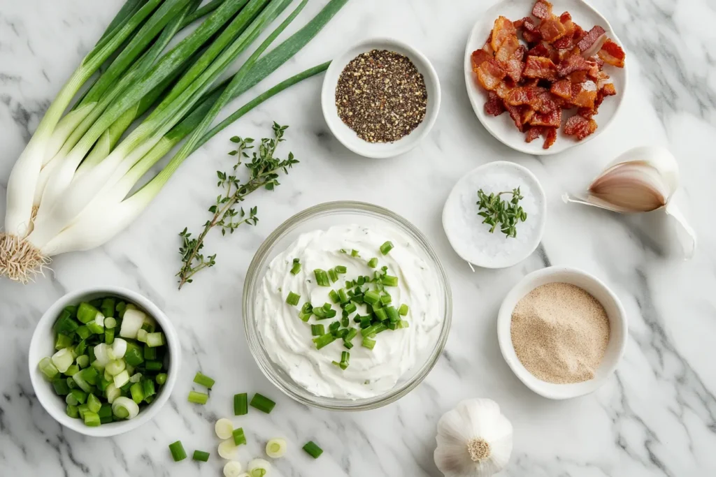 Raw ingredients for bacon scallion cream cheese on a kitchen counter