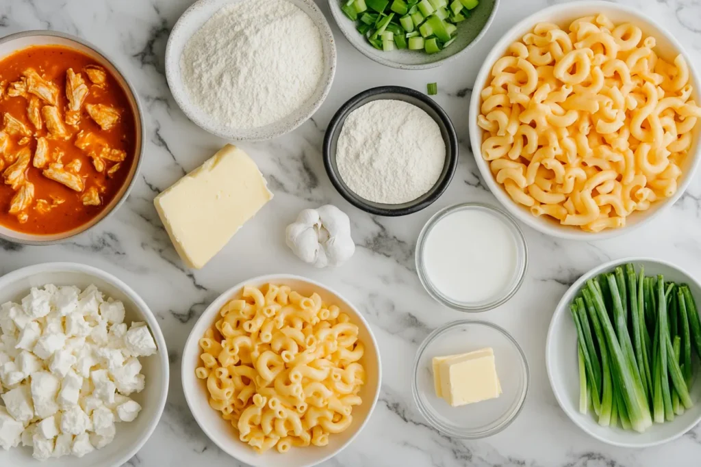 flat lay of buffalo mac and cheese ingredients