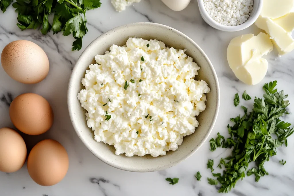 Cottage cheese and eggs on kitchen counter