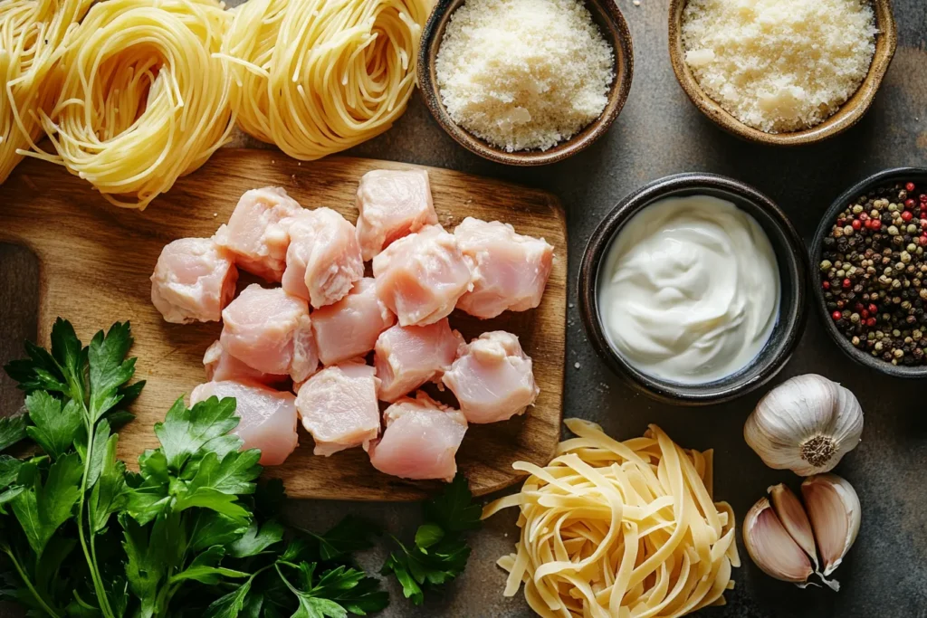 Fresh ingredients for making garlic butter chicken and creamy pasta
