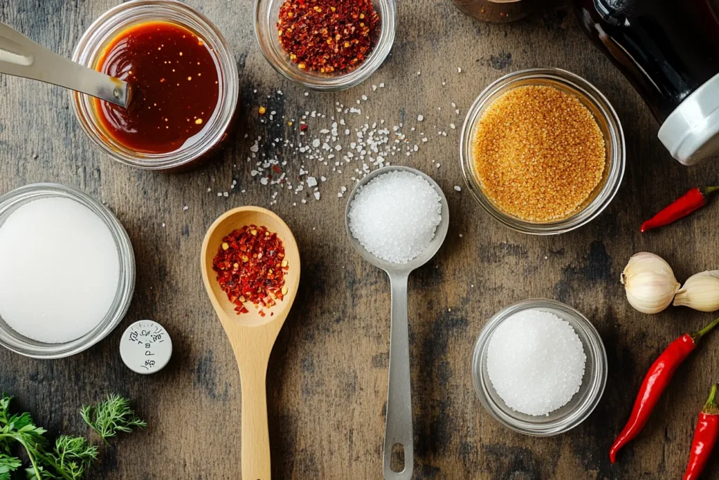Ingredients laid out for vinegar BBQ sauce including vinegar, sugar, spices