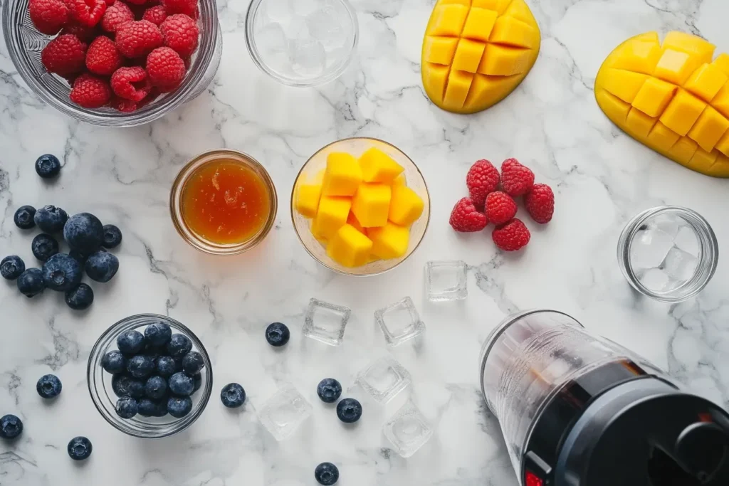 Frozen fruits, ice cubes, and syrups arranged beside a Ninja blender