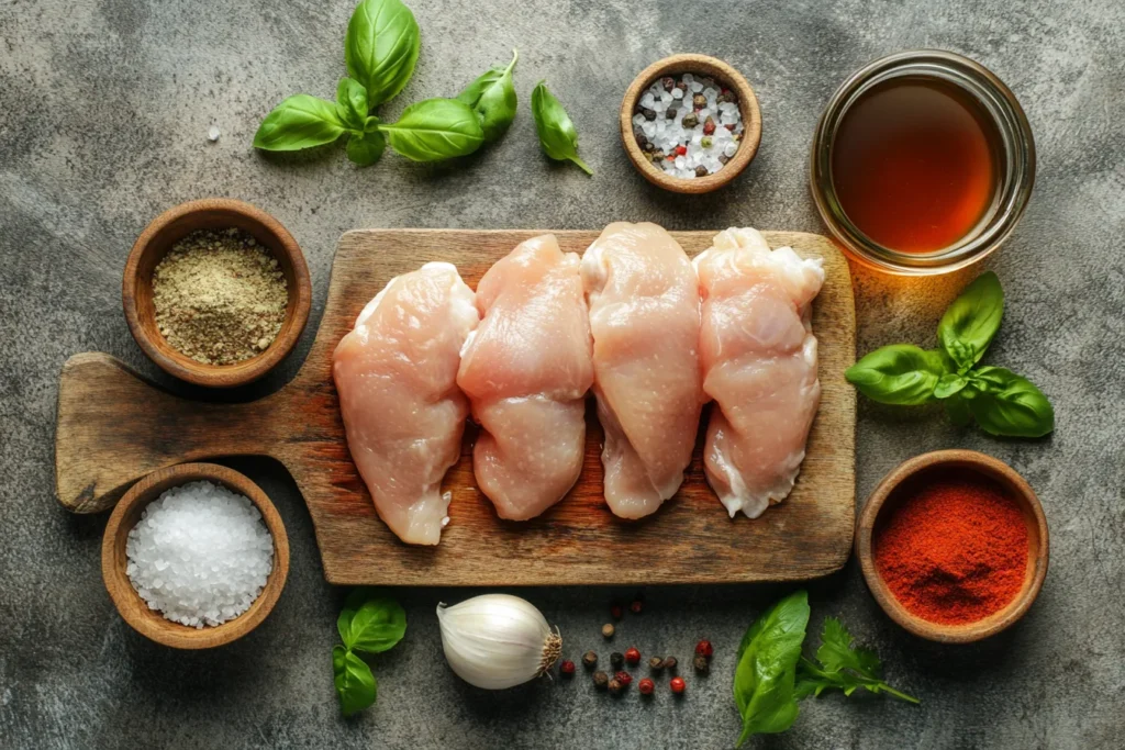 Raw chicken tenders and spices laid out on a wooden board